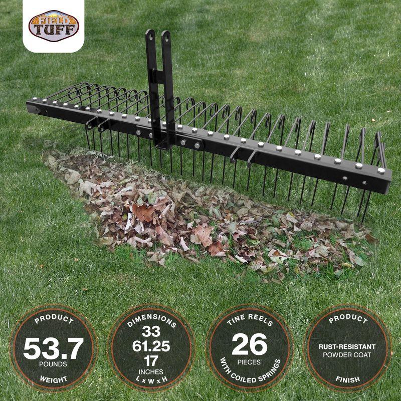 Field Tuff Steel Spring Coil Tine Tow Behind Landscape Rake for Leaves, Pine Needles, Straw, and Grass with 3 Point Hitch Receiver Attachment, Black