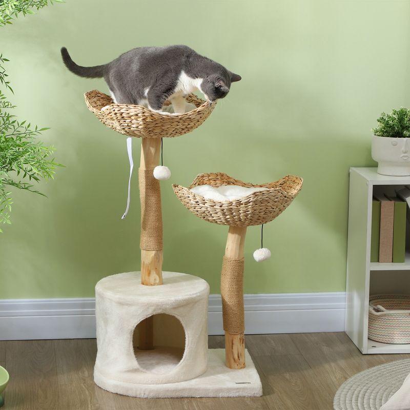 PawHut 37 Inch Modern Cat Tree w/ Wooden Scratching Posts, Condo, Beds, Cushions, Toy Balls, Anti-Tip Kit for Indoor Adult Cats & Kittens, Cream White