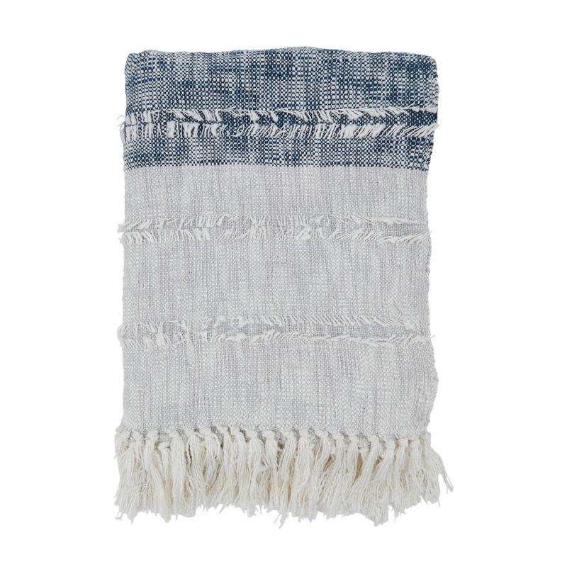 Blue and White Cotton Reversible Throw Blanket with Fringes