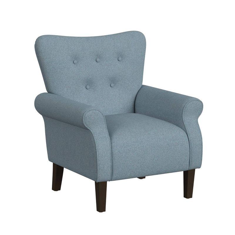 Blue Button Tufted Rolled Arm Accent Chair with Wood Legs