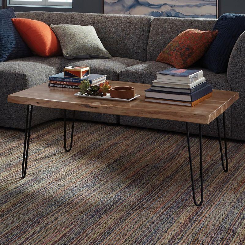 Alaterre Furniture 48" Hairpin Natural Brown Live Edge Large Coffee Table: Acacia Wood, Nylon Floor Protectors