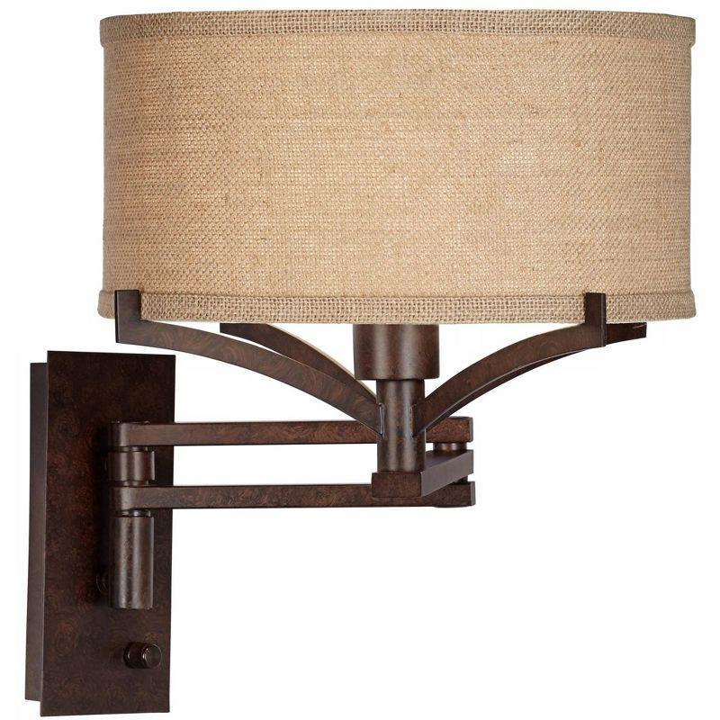 Franklin Iron Works Tremont Farmhouse Rustic Swing Arm Wall Lamp with Cord Cover Bronze Metal Plug-in Light Fixture Tan Burlap Drum Shade for Bedroom