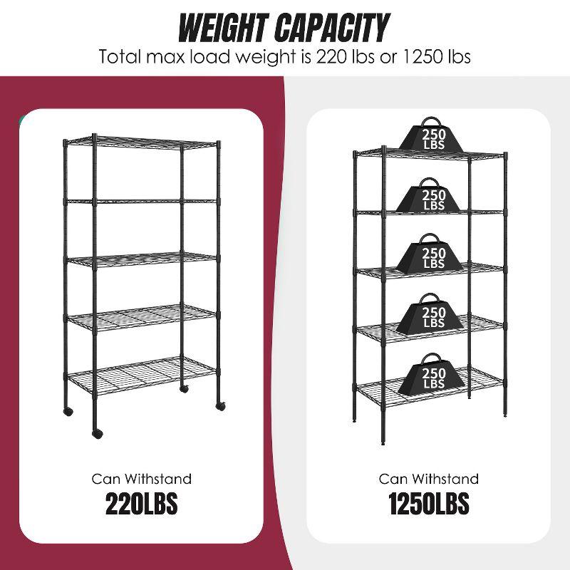 FDW 5 Tier Wire Shelving Unit Heavy Duty Storage Shelves Metal Shelving With Detachable Casters