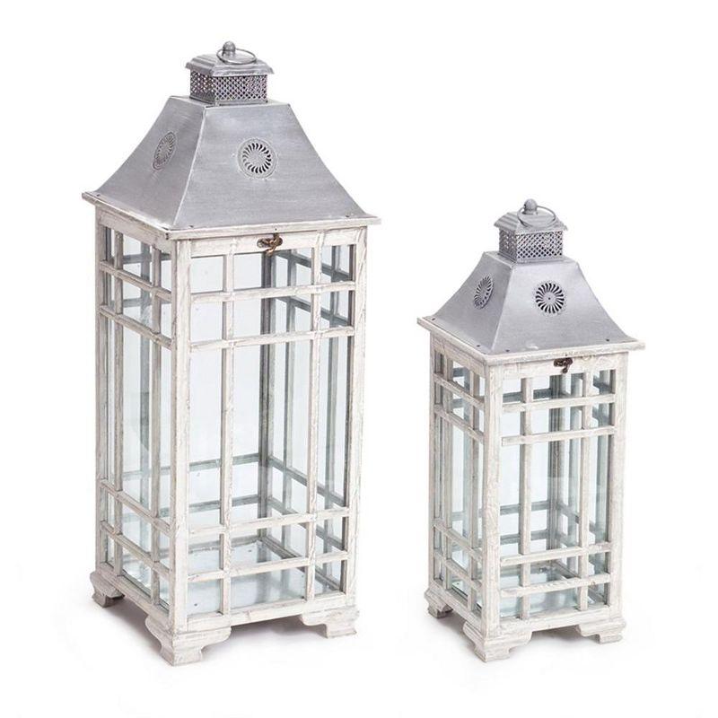 Weathered White Wood and Metal Hanging Lantern Set