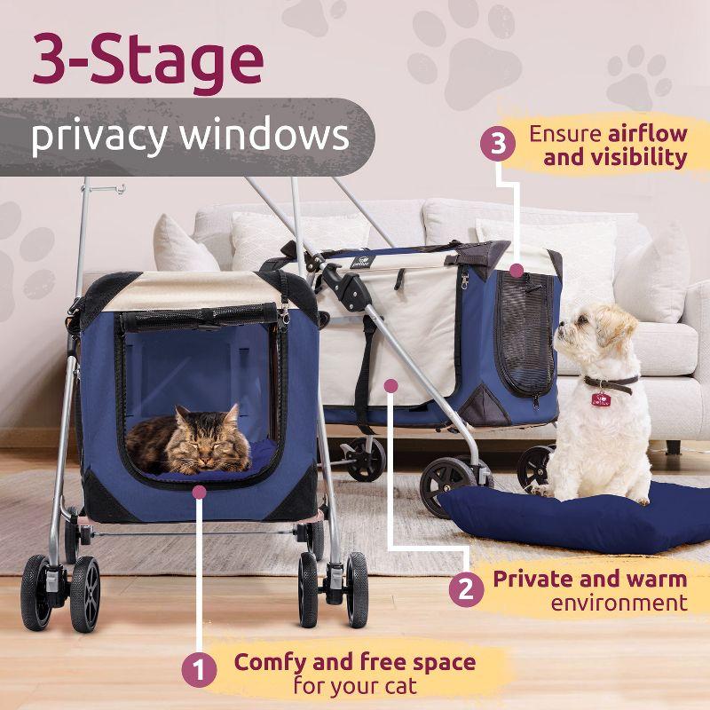 PetLuv Cat & Dog Stroller Foldable w/ Detachable Soft Pet Travel Carrier Fits 2 Cats or Medium Dog & Removable Plush Pillow Privacy Windows Tan