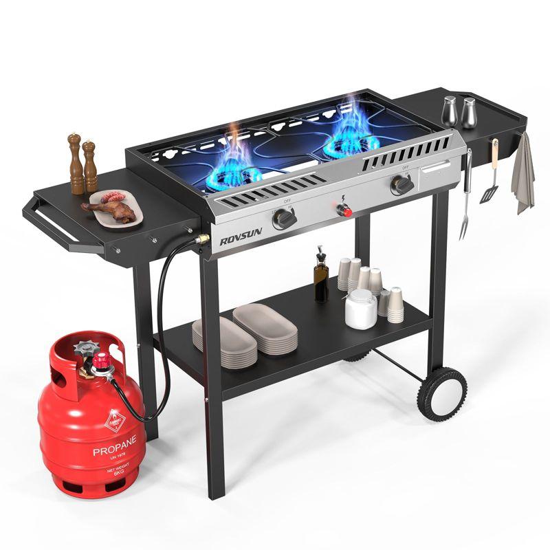 ROVSUN 2 Burner Outdoor Propane Gas Stove with Ignition, Regulator & Shelf, 150,000 BTU Powerful Cooker for Backyard Patio Cooking Home Canning Frying