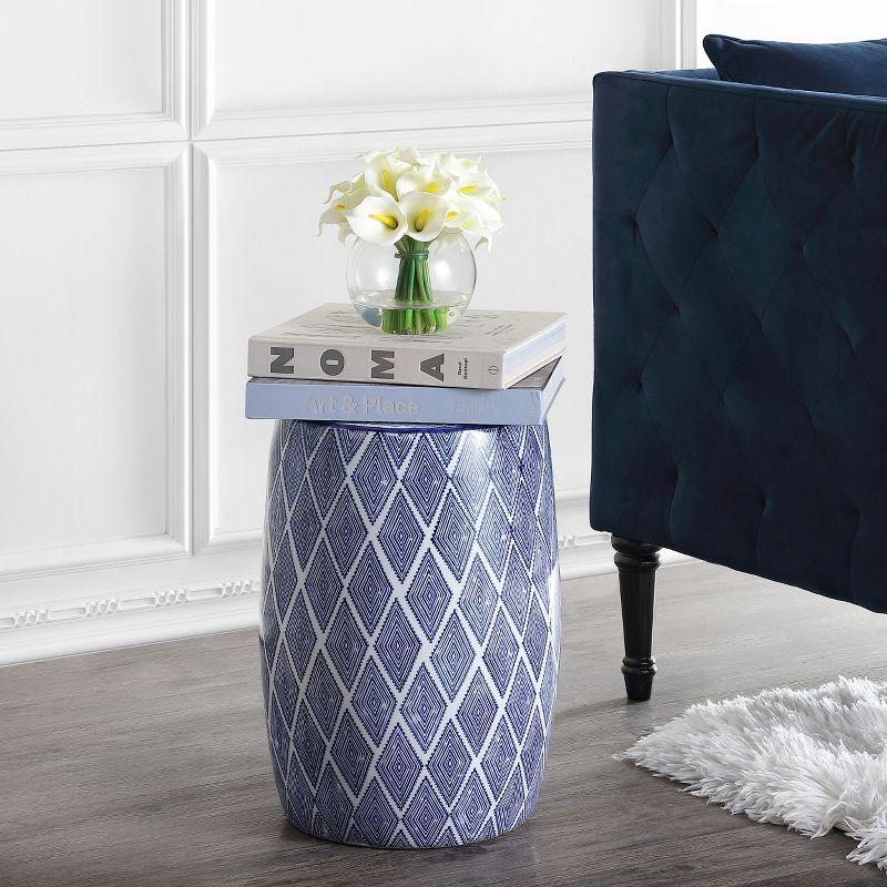 Moroccan Diamonds 18" Ceramic Drum Garden Stool, Blue/White - JONATHAN Y