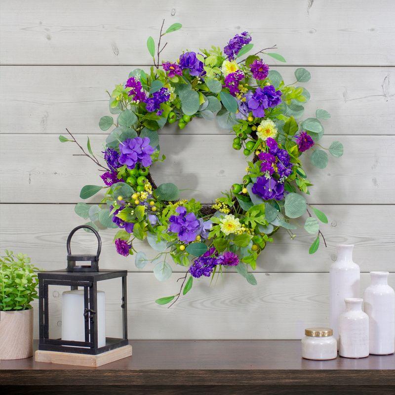 Eucalyptus and Hydrangea Floral Berry Spring Wreath Purple and Yellow 23"