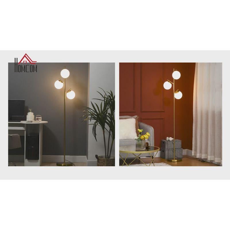 HOMCOM 3-Light Modern Floor Lamp for Living Room Bright Lighting, Tree Standing Lamp for Bedroom with Globe Lampshades, Gold