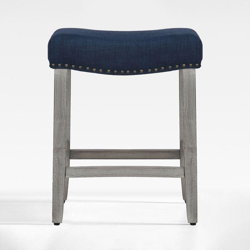 Navy Blue 24" Wooden Saddle Bar Stool with Linen Upholstery