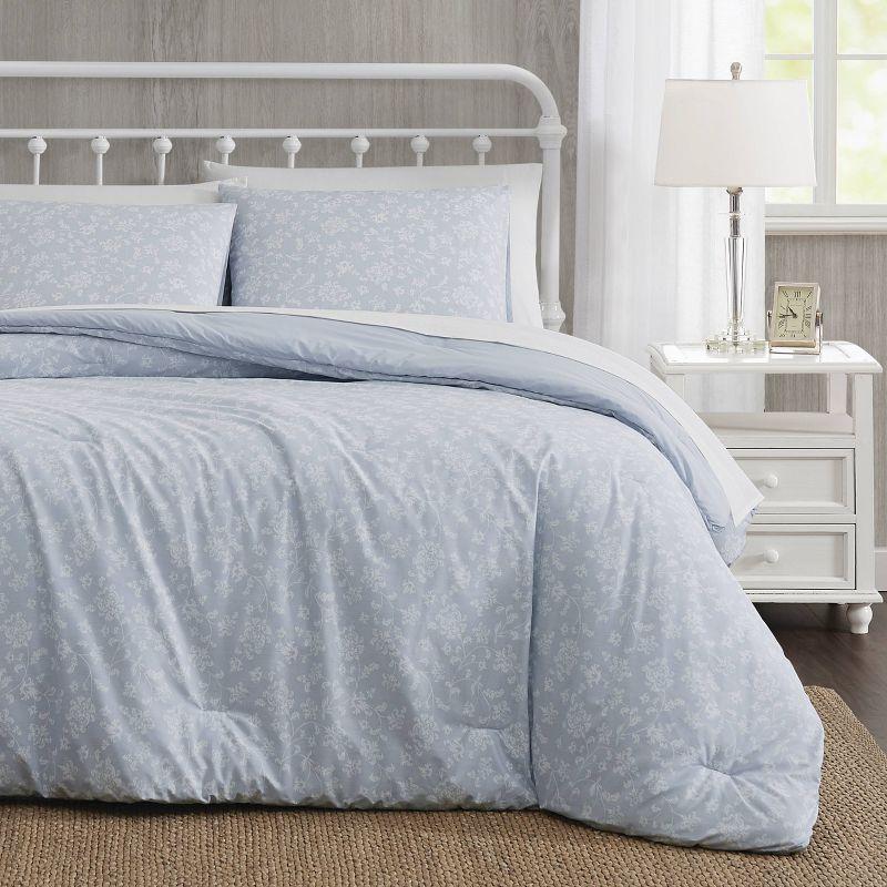 The Farmhouse 3pc King By Rachel Ashwell Majesty Comforter Set White/Blue: Percale, Botanical Design, 200 Thread Count
