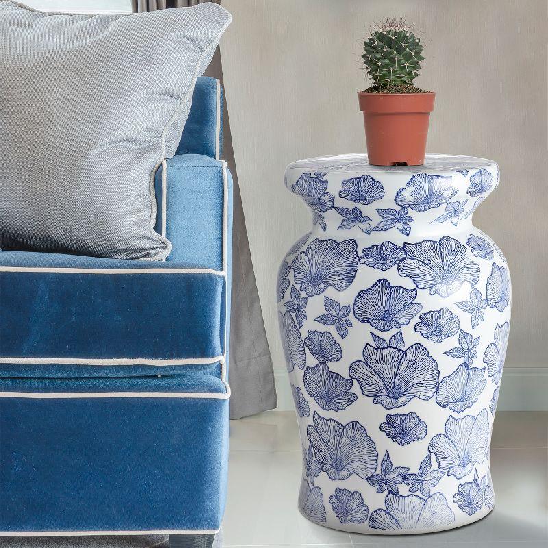 JONATHAN Y Poppies 17.7" Ceramic Garden Stool, White/Blue