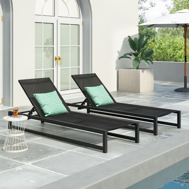 Black Aluminum Outdoor Mesh Adjustable Chaise Lounge Set