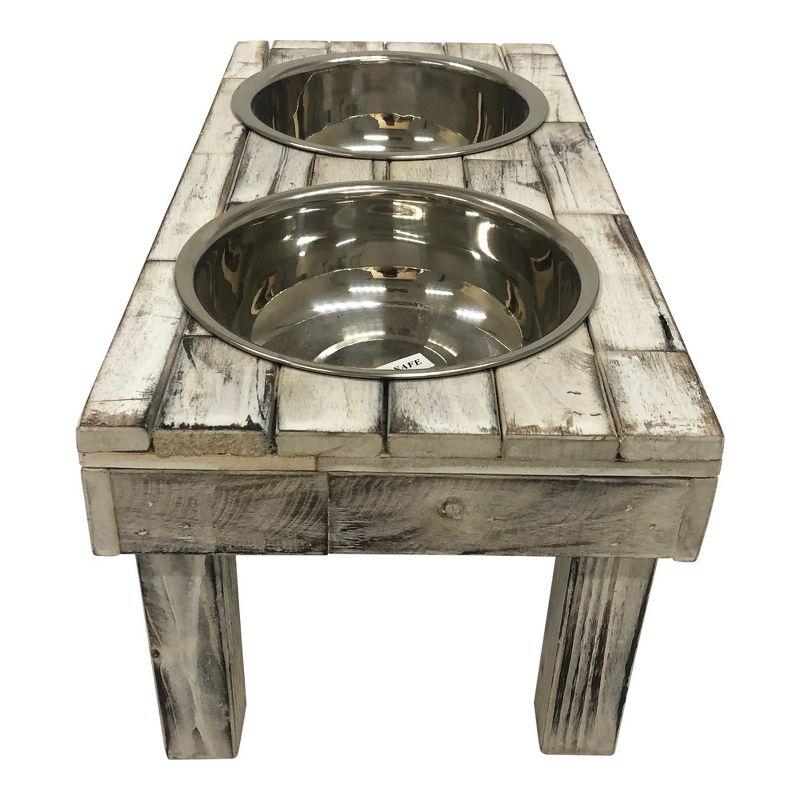 Large Brown Wash Reclaimed Wood Elevated Double Bowl Pet Feeder