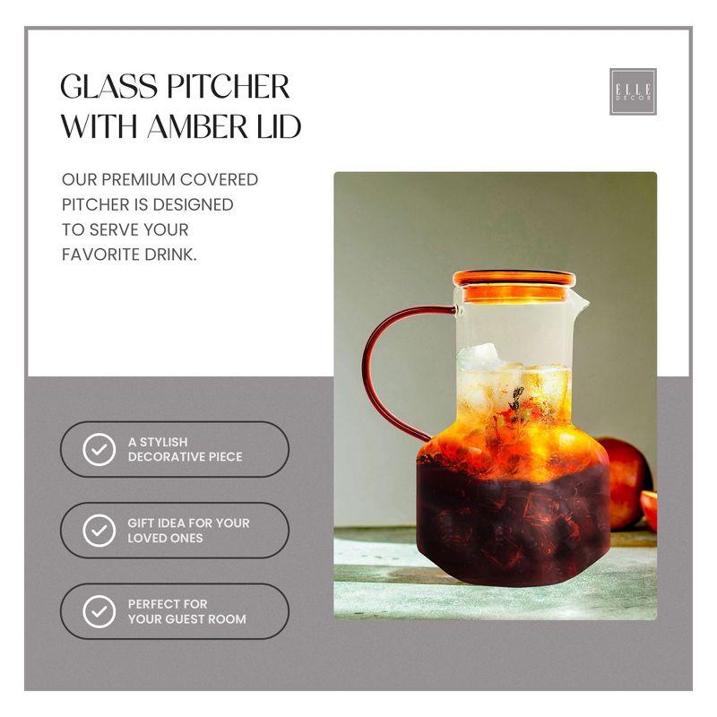 Elle Decor Glass Pitcher with Amber Lid, 48-Ounce Durable Borosilicate Glass Water Pitcher with Lid and Spout