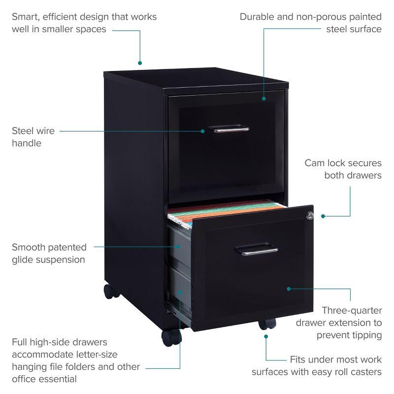 Black 18" Mobile 2-Drawer Lockable Vertical File Cabinet