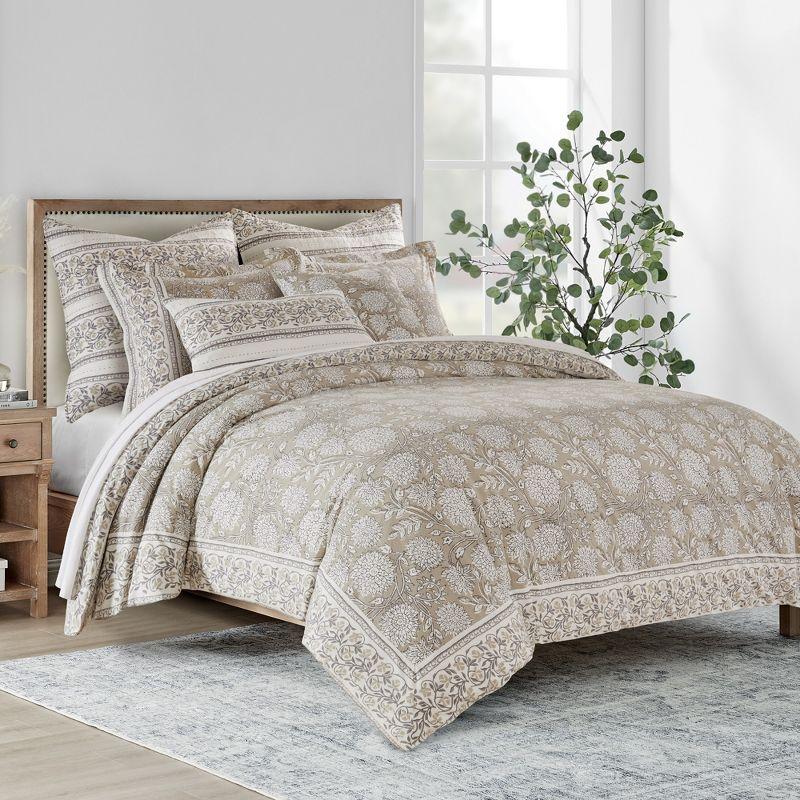 Taupe and White Floral Cotton Twin Duvet Set