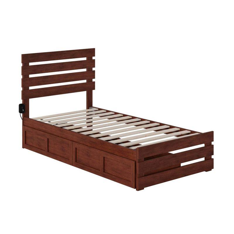 Walnut Twin Wood Platform Bed with Storage Drawers and USB Charger