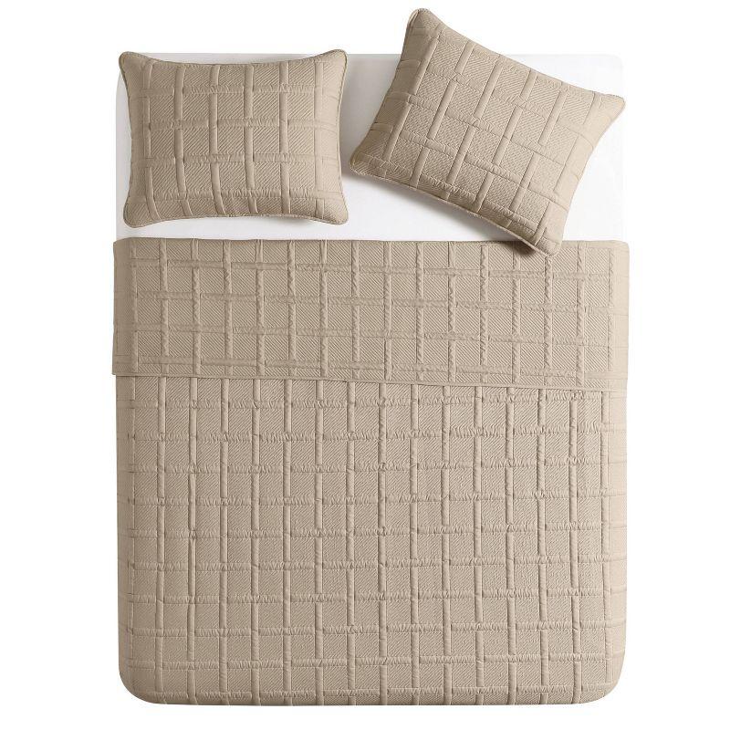 VCNY 3pc Full/Queen Square Pinsonic Quilt Set Taupe: Microfiber, Hypoallergenic, Modern Design