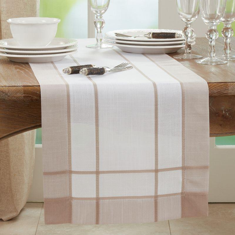 Beige and Tan Polyester Table Runner with Banded Border