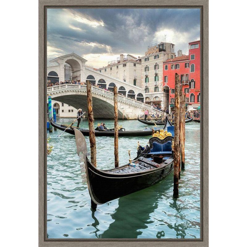 Framed Vertical Cityscape Canvas Print with Gondolas and Bridge, 16 x 23 inches