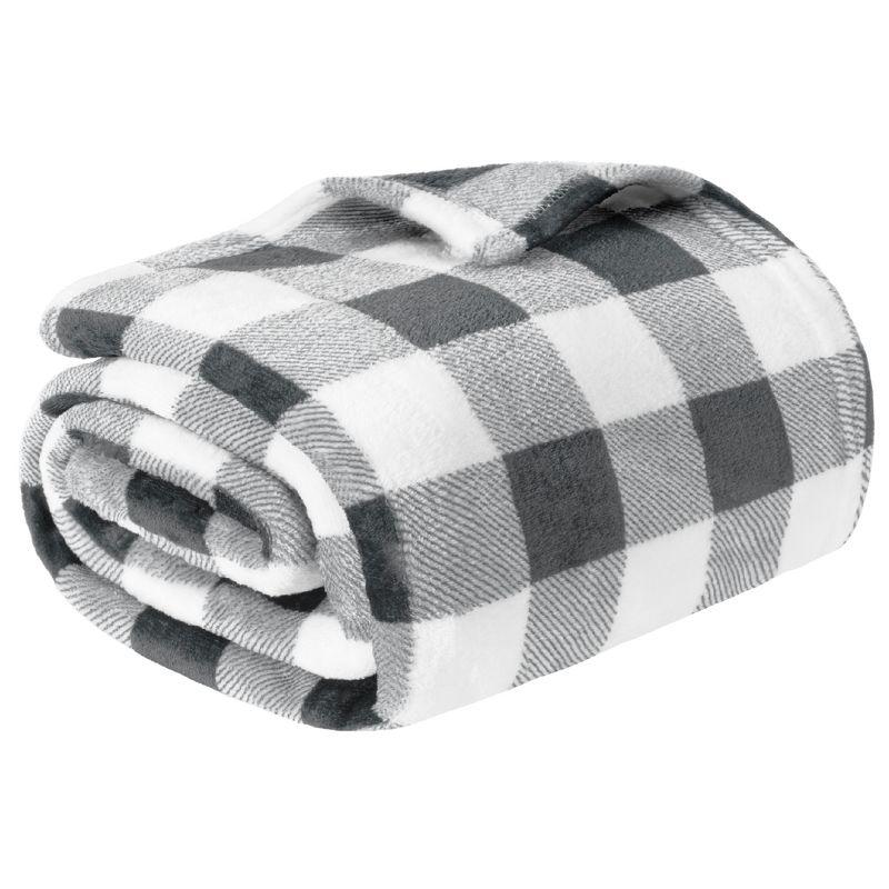 Plaid Grey and White Fleece Throw Blanket for Couch