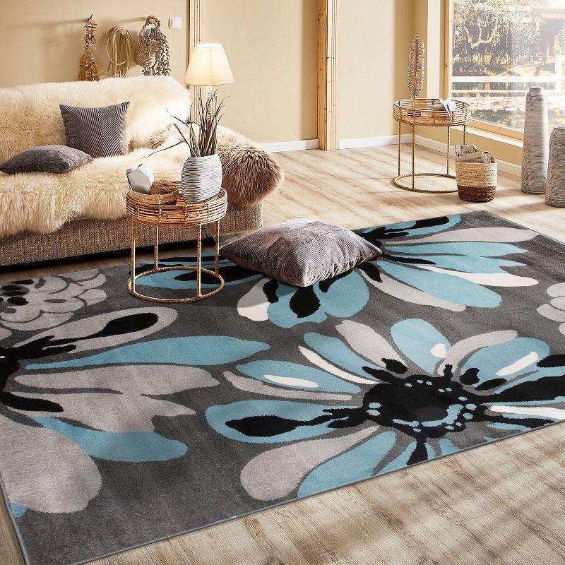 World Rug Gallery Contemporary Modern Flowers Area Rug - Blue 3'3" x 5':  Stain-Resistant,  Low Pile,  Floral Pattern