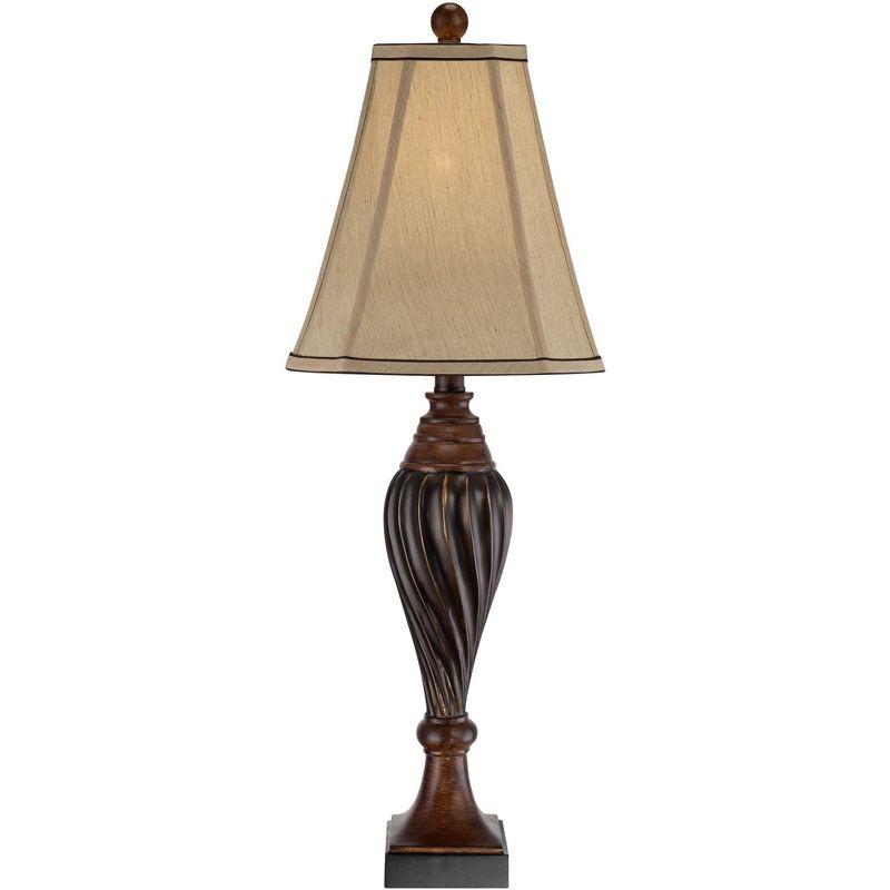 Regency Hill Traditional Table Lamp 28.5" Tall Carved Two Tone Brown Urn Shaped Beige Fabric Shade for Living Room Family Bedroom Bedside