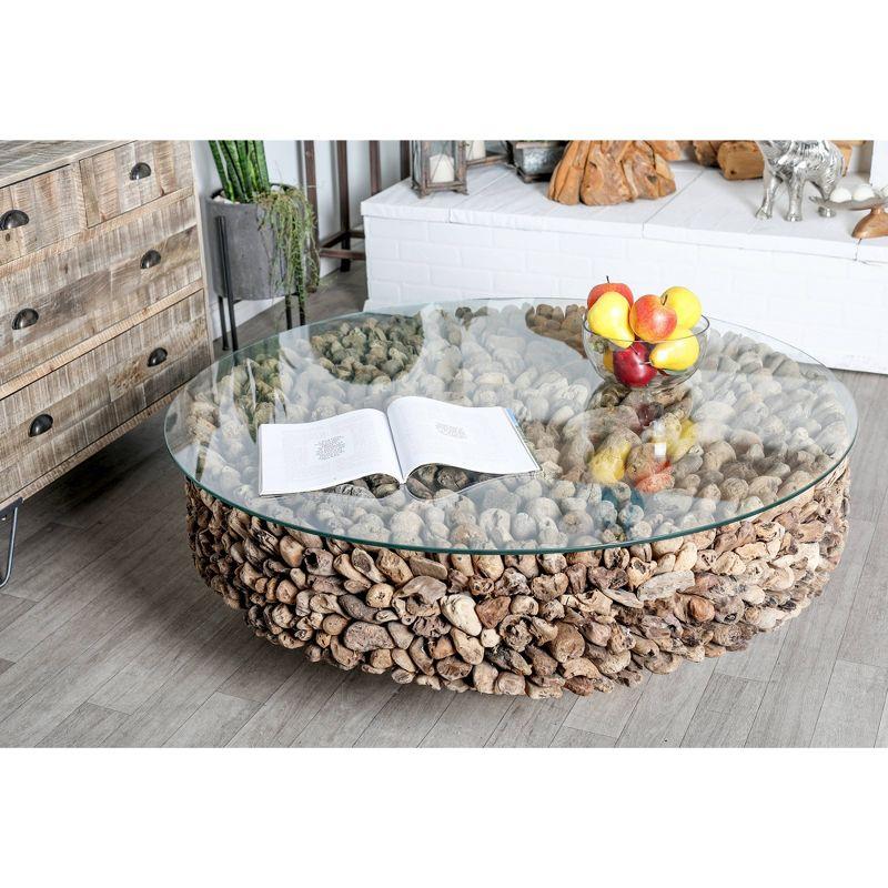 Rustic Driftwood Coffee Table Brown - Olivia & May: No Assembly, Glass Top, Wood Legs