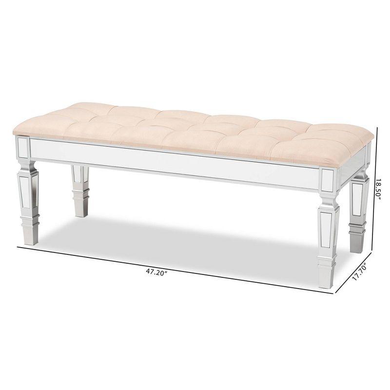 Hedia Fabric Upholstered and Wood Accent Bench Beige/Silver - Baxton Studio: Mirrored Glass, Foam-Padded, Button-Tufted
