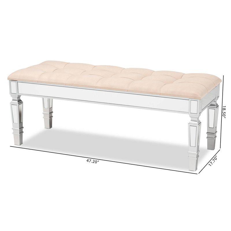 Hedia Silver Finish Mirrored Glass & Beige Velvet Accent Bench