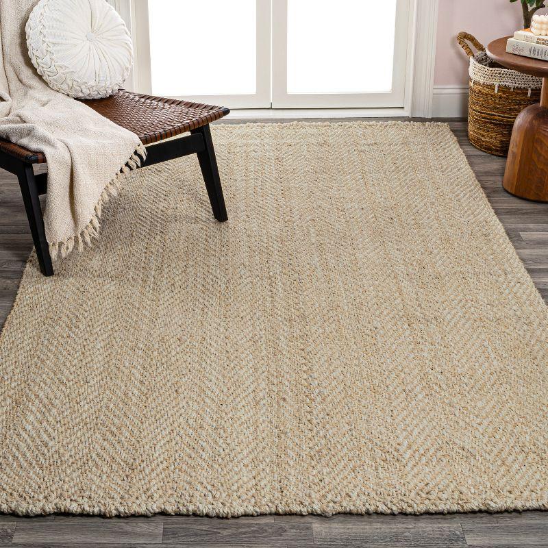 Ivory Handwoven Herringbone Jute Area Rug, 5x8 Feet