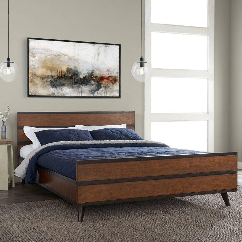 Queen Mid-Century Modern Platform Bed with Striped Detailing - Linon: Rubberwood, No Box Spring Required