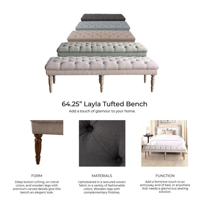 Layla 65'' Gray Tufted Fabric Bench with Turned Wood Legs