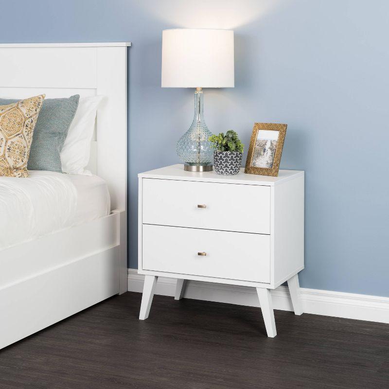 Mid Century Modern 2 Drawer Wide Nightstand White - Prepac: Sleek Bedside Table, Tapered Legs