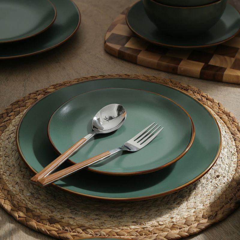 Green Ceramic 16-Piece Dinnerware Set with Brown Edged Borders