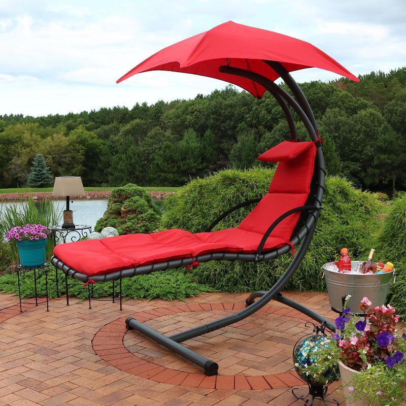 Sunnydaze Outdoor Hanging Chaise Floating Lounge Chair with Canopy Umbrella and Arc Stand, Burnt Orange