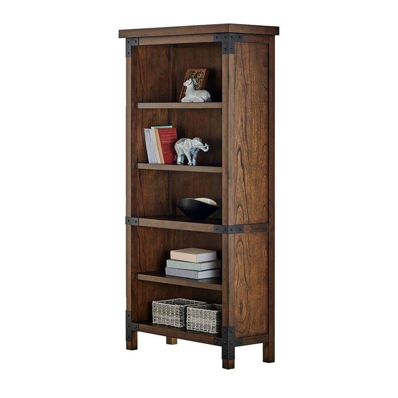 Adjustable Brown Wood Bookcase with Black Iron Accents