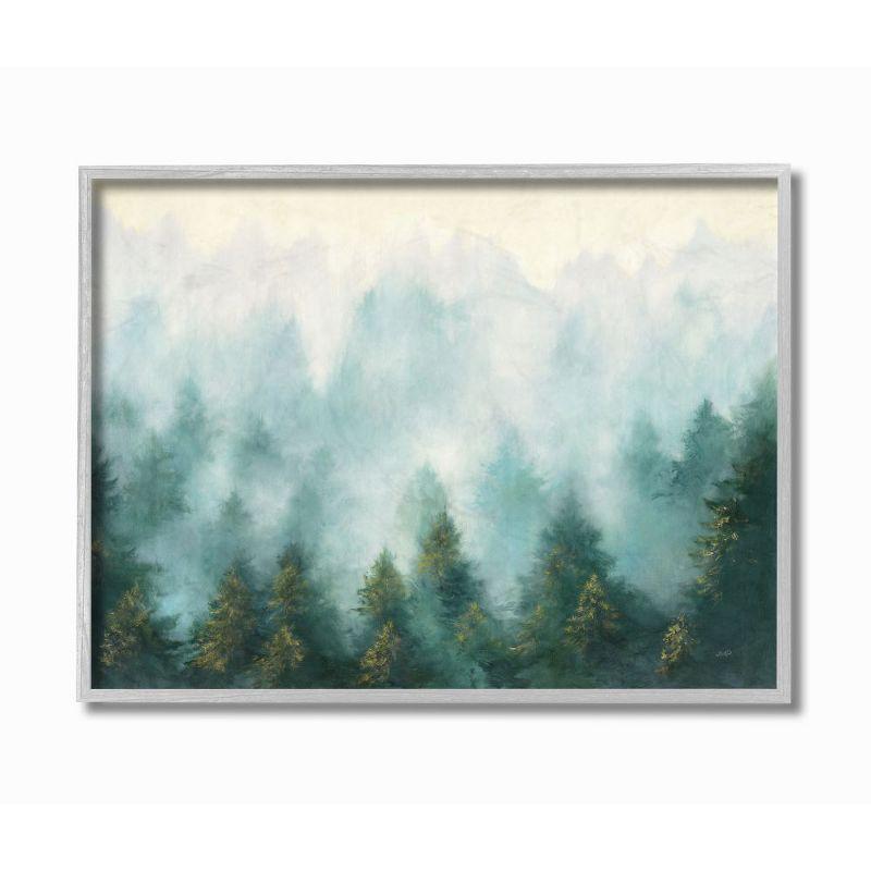 Misty Pine Forest Abstract Landscape Canvas Print in Gray Frame