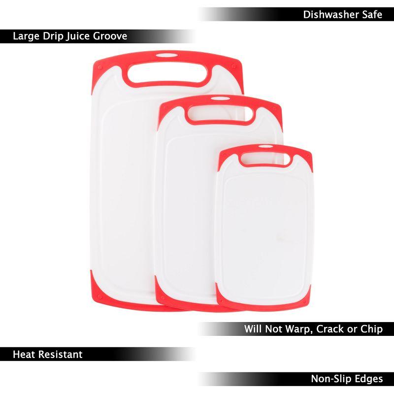 Cutting Boards - 3-Piece Plastic Chopping Board with Juice Groove - Dishwasher Safe Cooking or Food Prep Kitchen Essentials by Classic Cuisine (Red)