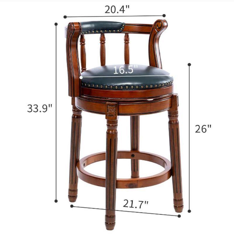 26"H Swivel Bar Stool With Wood Frame, Backrest, Cow Top Leather Seat Surface 360° Swivel Upholstered Kitchen Island Chairs