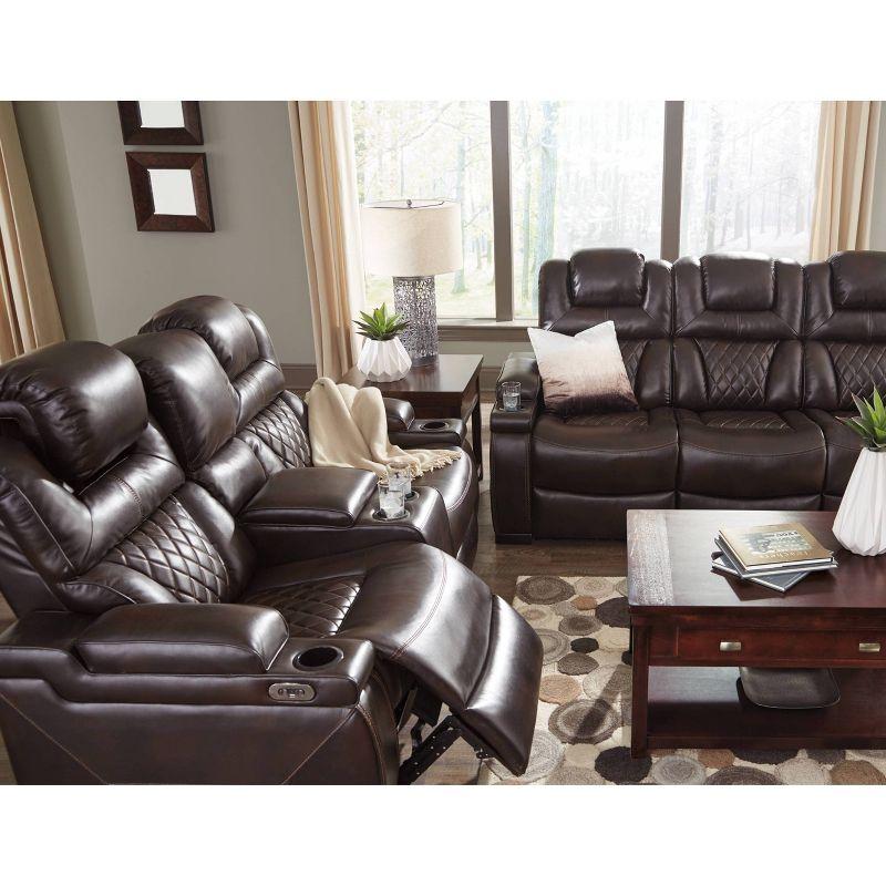 Brown Faux Leather Tufted Reclining Loveseat with Cup Holder