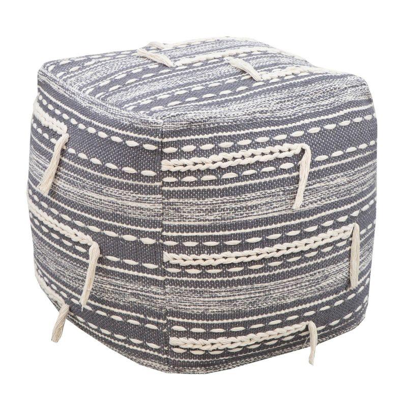 Tassel-Trimmed Two-Tone Grey Woven Cotton Square Pouf