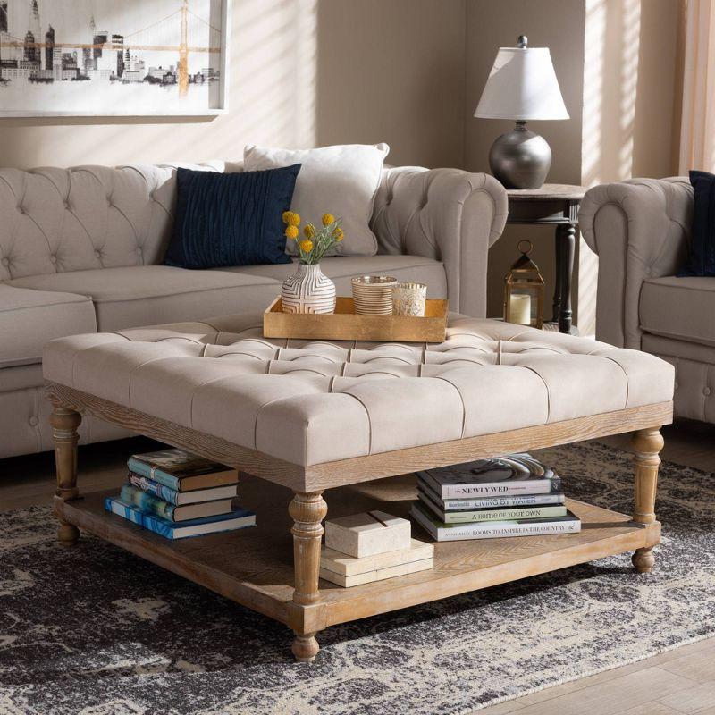 Elegant Beige Linen and Greywashed Wood Tufted Cocktail Ottoman