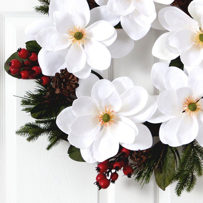 Large White Magnolia and Pine Wreath with Red Berries