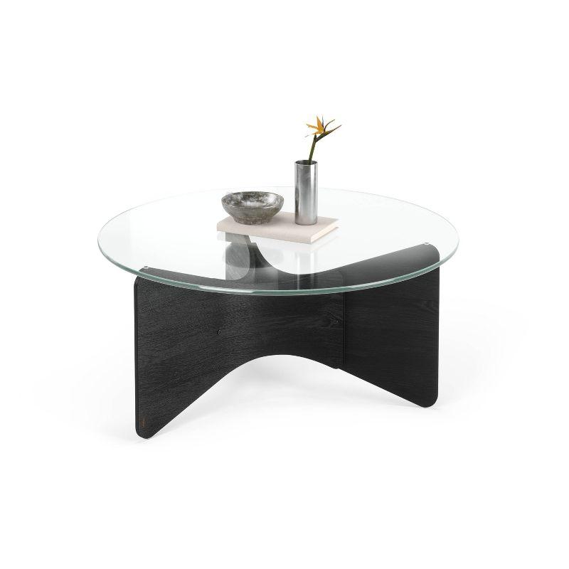 Black Wood and Glass Round Coffee Table with Clear Top