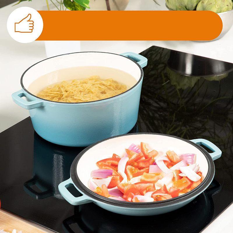 Bruntmor 2-in-1 Blue Pre-seasoned Cast Iron Dutch Oven and Skillet Set, 3 Quarts, Oven and Dishwasher Safe