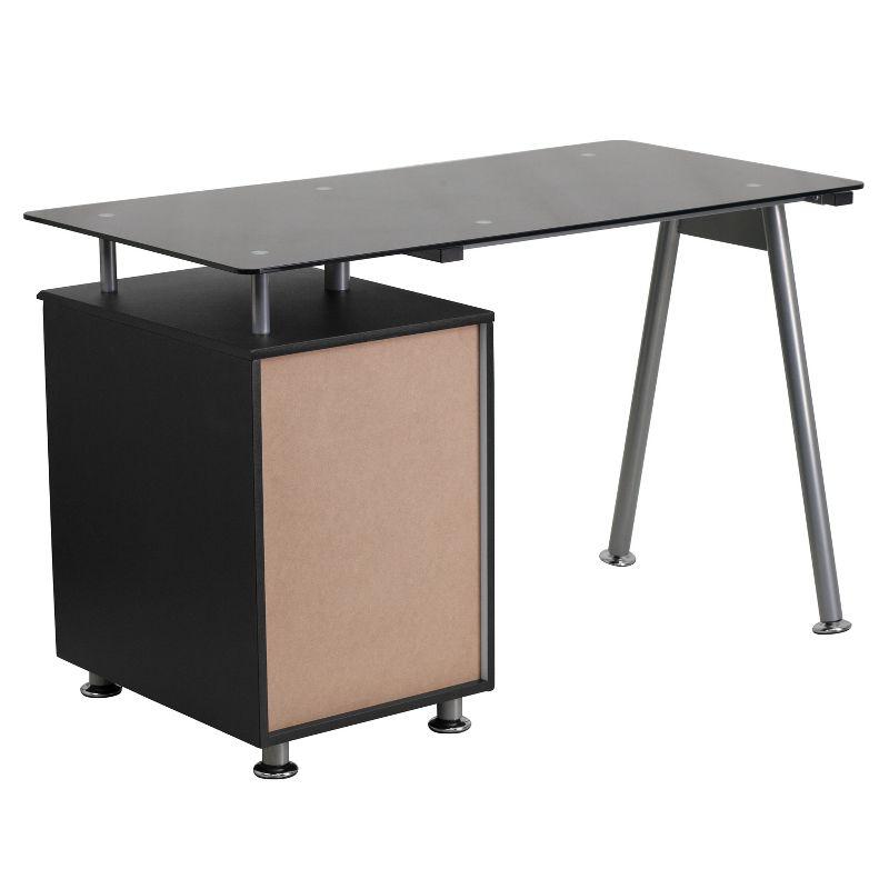 Emma and Oliver Black Glass Computer Desk with Three Drawer Pedestal