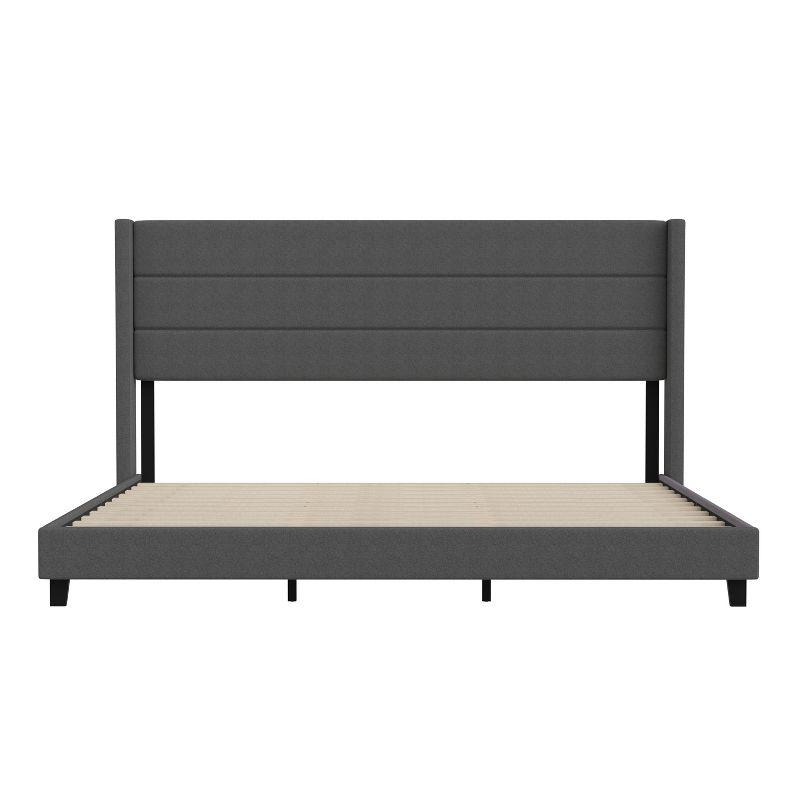 Merrick Lane Modern King Platform Bed with Padded Channel Stitched Charcoal Faux Linen Upholstered Wingback Headboard and 6" Underbed Clearance