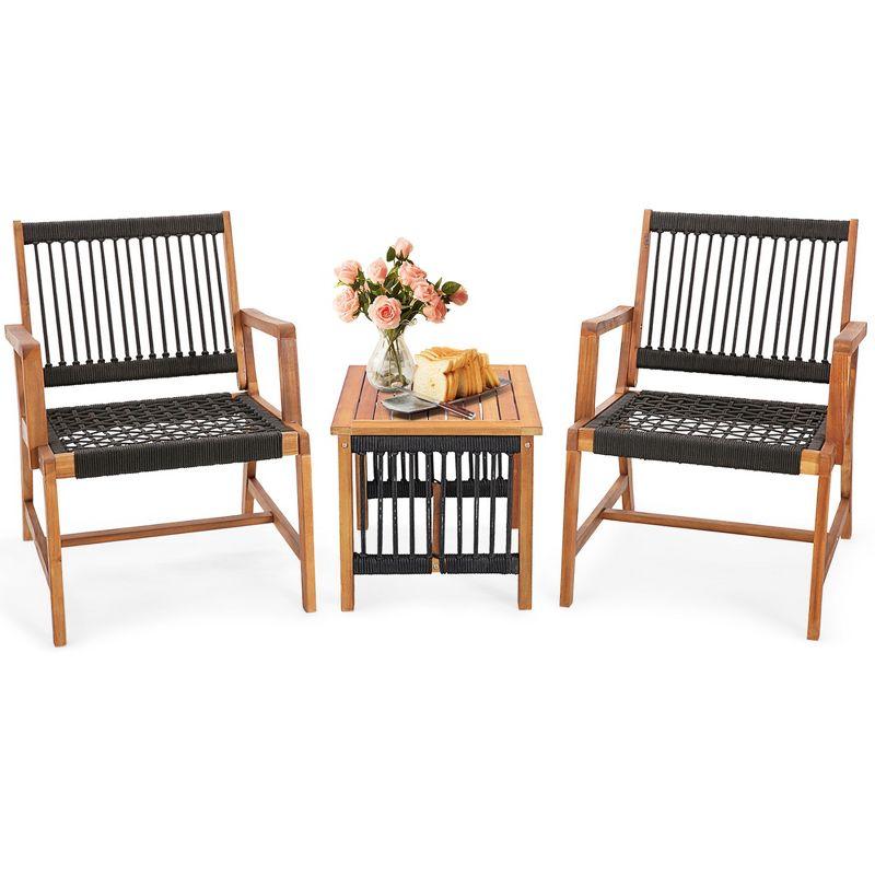 Costway Patio 3pcs  Acacia Wood Outdoor Furniture  Bistro Set All-Weather Rope Woven